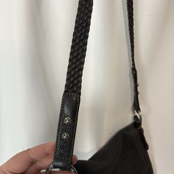 Brighton Bag Black Pebbled Leather Shoulder Foldover Purse Magnetic Boho Stitch - Picture 4 of 9